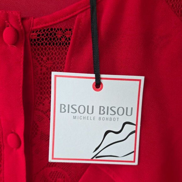 BISOU BISOU Red Ruffle and Lace Blouse | S | Sheer Button Down Round Neck NEW - Picture 8 of 9